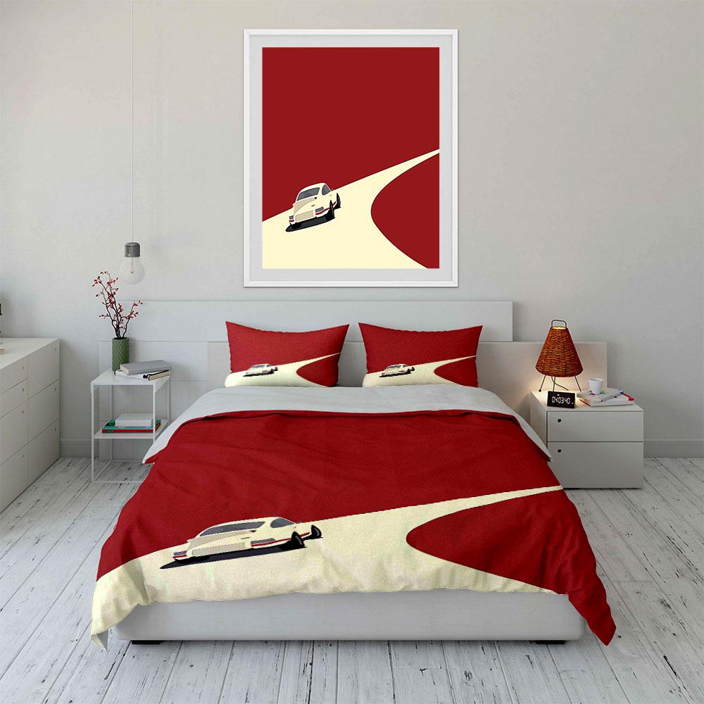 Retro Car on Red Road Bedding Duvet Cover Set Duvet Cover Pillowcases (1*Duvet Cover 2*Pillowcases, without duvet insert)