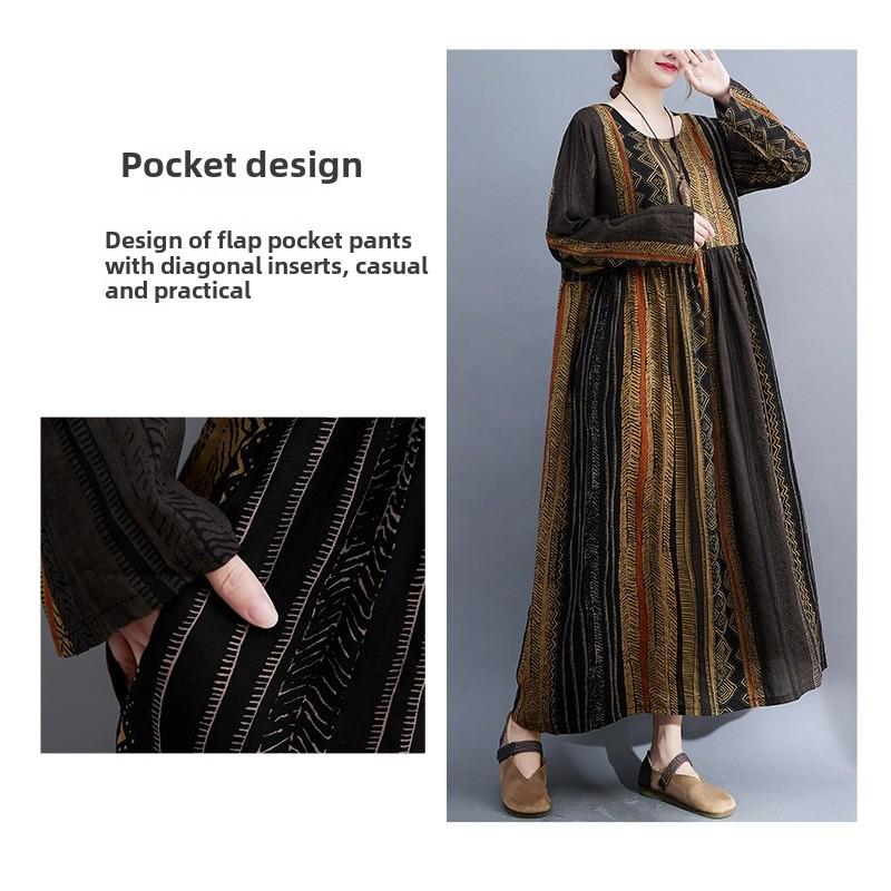 GMXIA Autumn Women's Plus-size Mm Slimming Retro Age Reduction Ethnic Style Fat Sister Long Sleeve Striped Dress Autumn and Winter