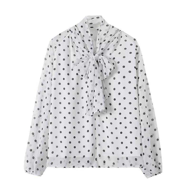 2026 Womens Loose Fit Polka Dot Long Sleeve Shirt Casual Wrap Collar Blouse