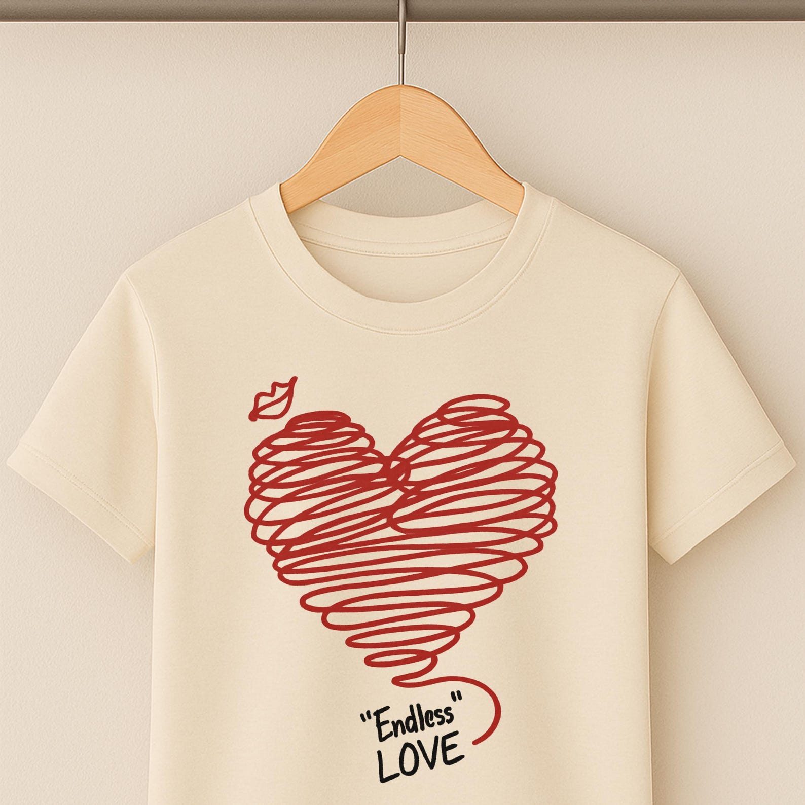 Endless Love Heart T-Shirt - Romantic Hand Drawn Scribble Design with Kiss Detail, Cute Doodle Art Tee for Couples or Self Love, Unisex S