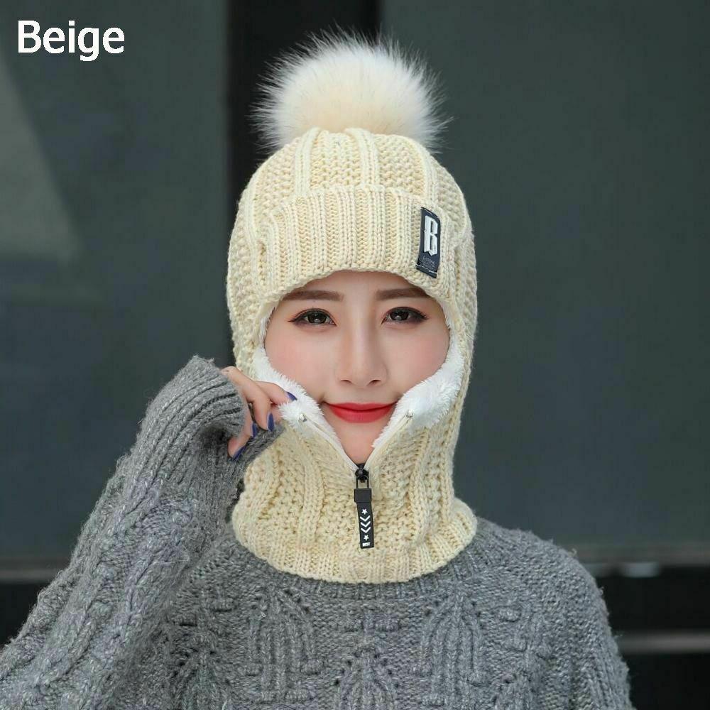 Hochwertiger Winter Siamese Schal Kragen Wolle Gestrickte Mütze Beanie Kappen Mütze Skifahren Reiten Bommel Mütze Plüsch Fleece Ohrenmütze(6 Farben)