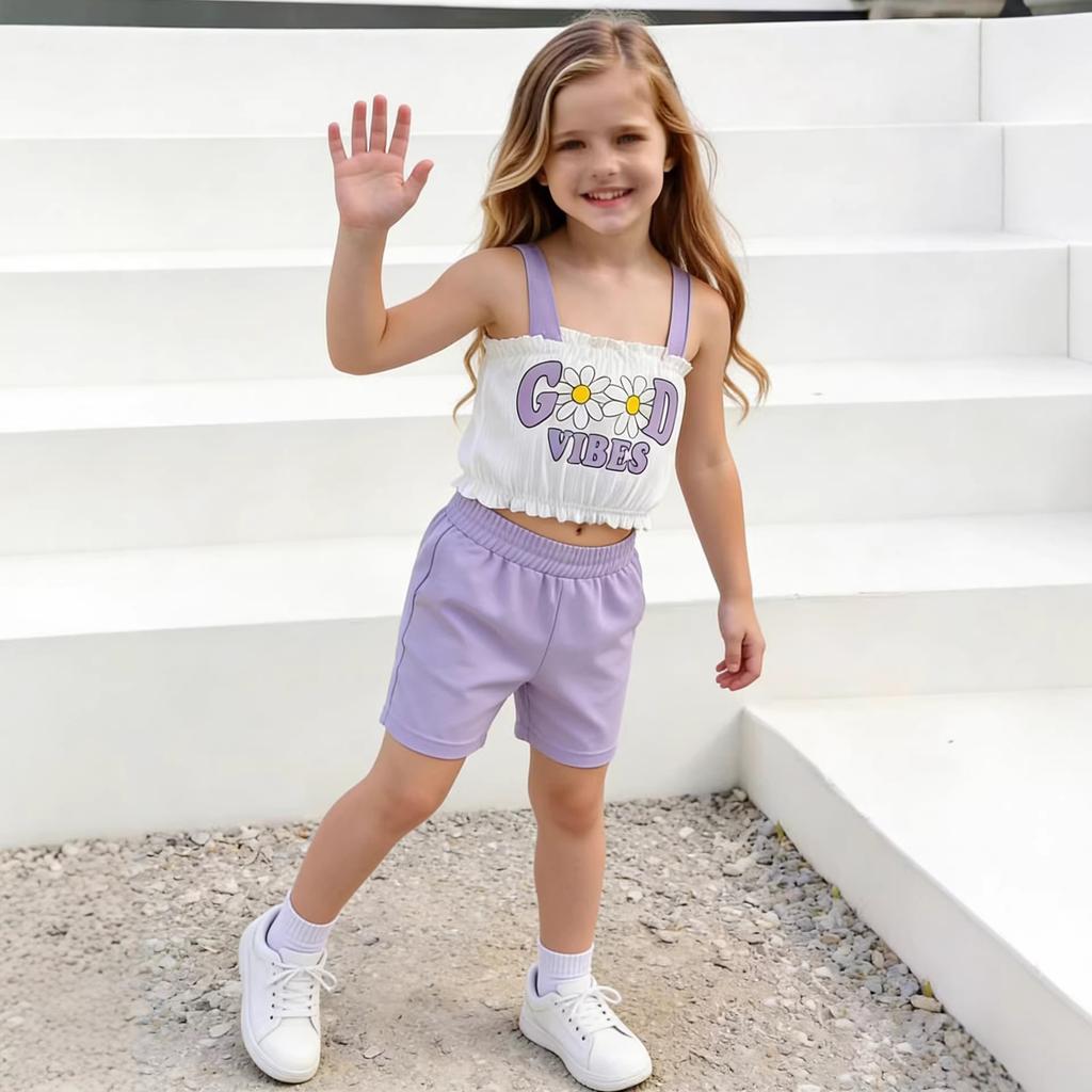Set Estivo Casual alla Moda per Bambine Due Pezzi: Top con Scollo all'Americana + Pantaloncini