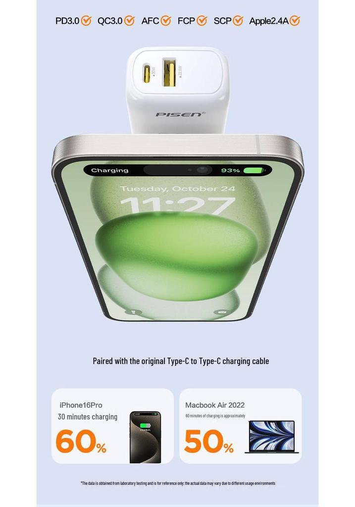 PISEN 30W GaN Fast Charger Kit for Apple & Android, Dual-Port Plug, New Model