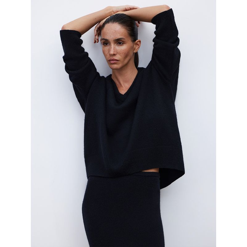 

V-neck Women European and American Solid All-Match Pullover Top Loose Knit sweater Loose Knit Sweater Top Black M