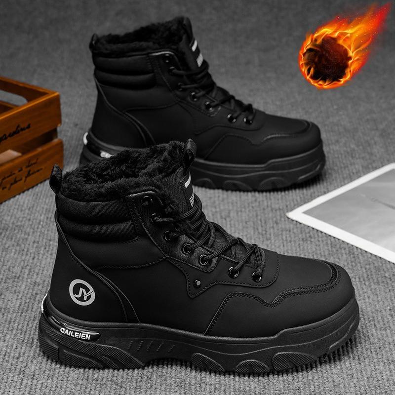 Winter Men's Wide Head Leather Boots, Outdoor Sports Warm Ankle Boots, Retro Thick Soled Men's Casual Hiking Shoes Cowboy Boots