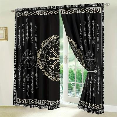 2pcs Black Viking Symbol Pattern Curtains Window Treatments For Bedroom Living Room Decorative Window Drapes Home Decoration