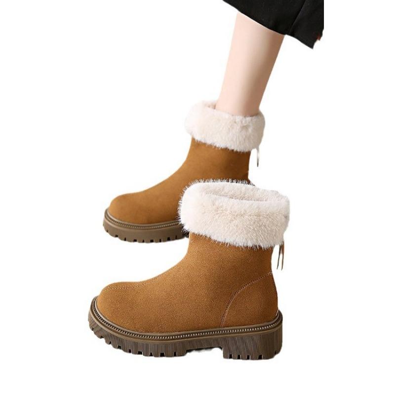 Snow Boots Women's Autumn and Winter New Round Head Large Size Thick Heel Velvet Warm Zipper Comfortable Cotton Shoes