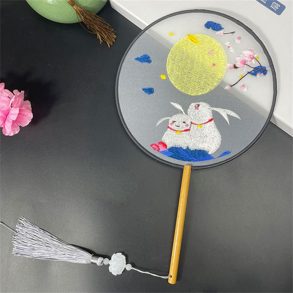 Round Double Sided Embroidery Fan Chinese Style Wooden Handle Embroidery Round Fan with Pendant Handheld Flower Silk Fan