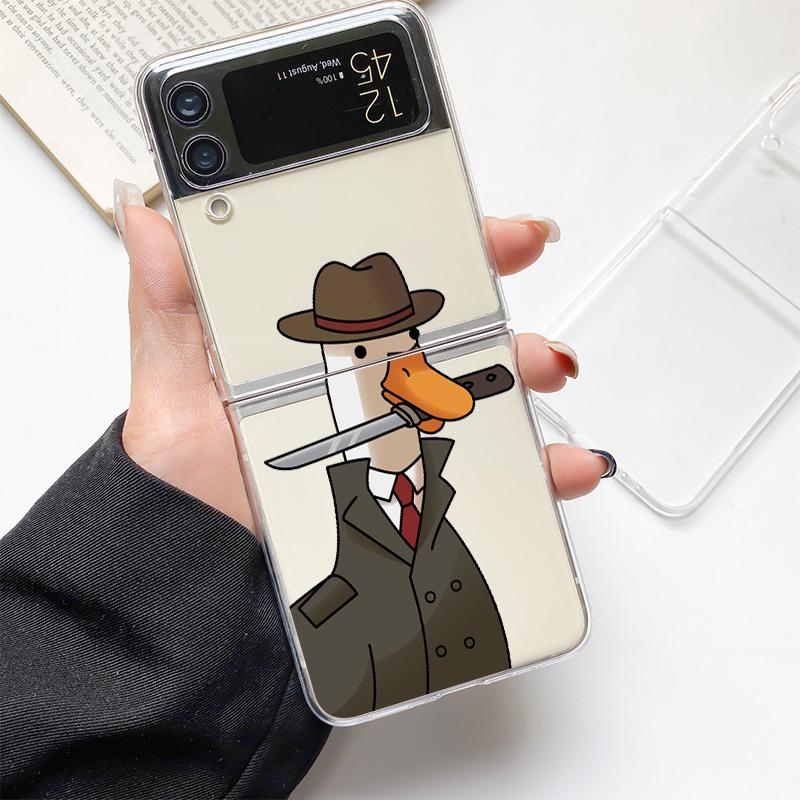 Cartoon Doubt Duck Fashion Phone Case For Samsung Galaxy Z Flip 3 4 5 6 7 Hard Folding Z Flip4 Clear PC Cover Protector Gift