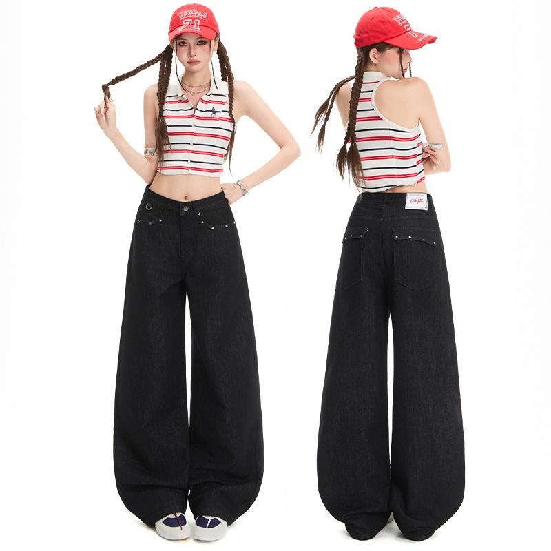 American design rivet black denim primary color straight jeans women's loose high waist thin drape wide leg pants