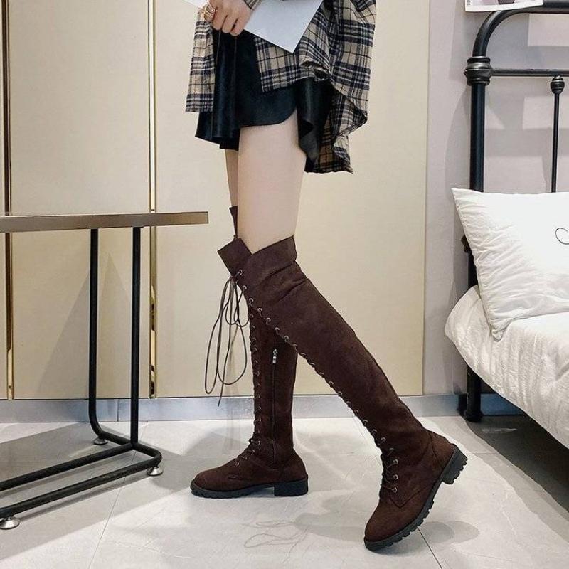 Lace-up Elegant with Low Heels Round Toe Thigh High Boots for Women Autumn Winter Gothic Biker Above Over The Knee Shoes Woman