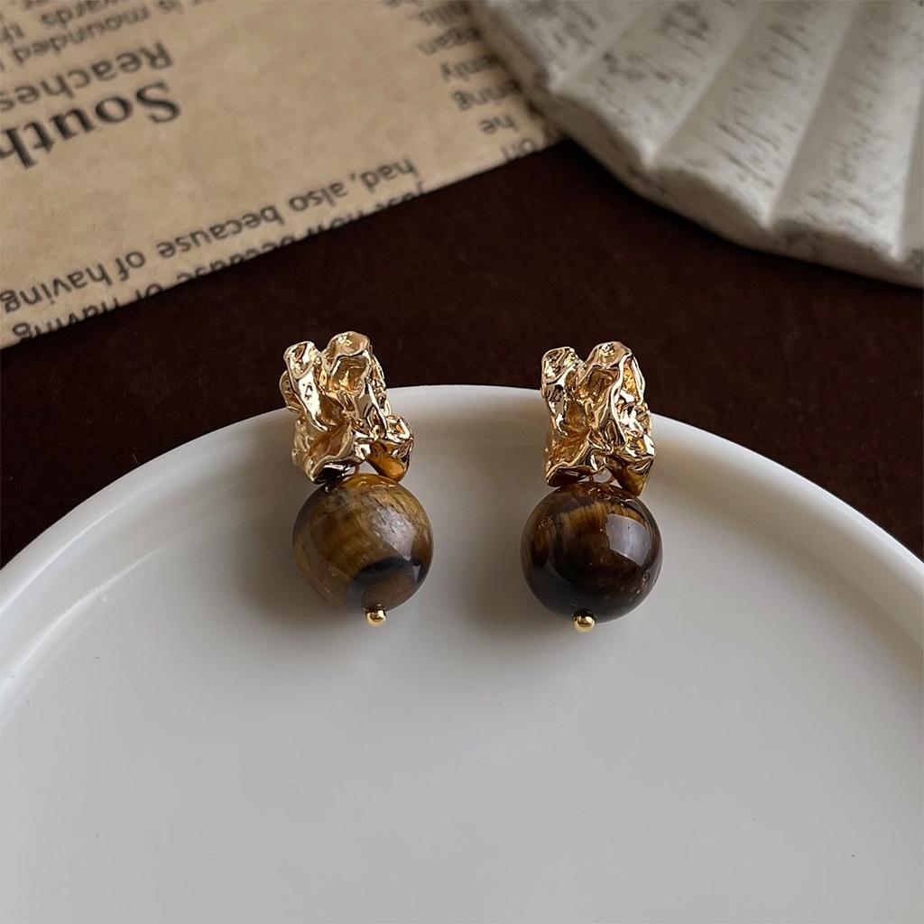 Medieval Style Liquid Irregular Tiger's Eye Stone Earrings Retro Light Luxury Maillard Style Earrings