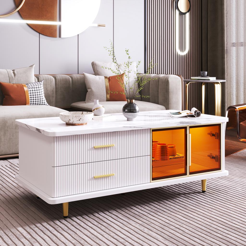 Coffee Table, TV Cabinet, Living Room Furniture, Glass Door, Alloy Frame, Drawers Wave Structure, Gold Handles and Legs, Tabletop Marble Structure.