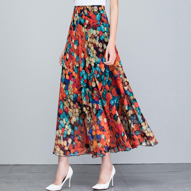 New Summer Retro Ethnic Style Ink-print Chiffon Skirt Women's Long Skirt High Waist A-line Skirt