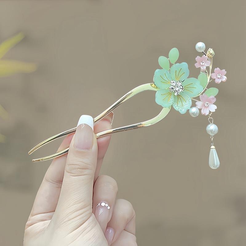 Antique Butterfly Flower Bamboo U-shaped Hairpin Super Fairy Retro Pearl Fringed Hairpin Hanfu Ancient Hairpin Accessories