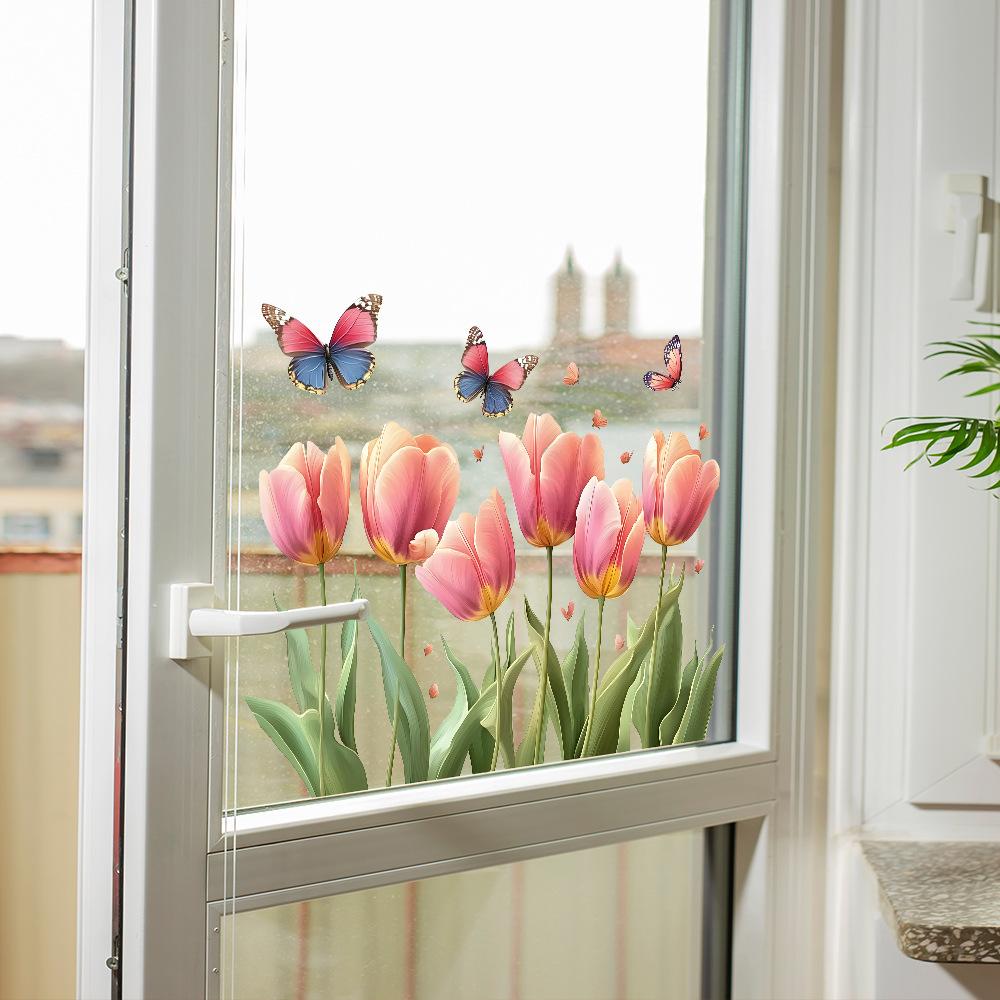 Painted Pink Tulips Balcony Glass Windows Home Beautification and Decoration Static Electricity Window Stickers