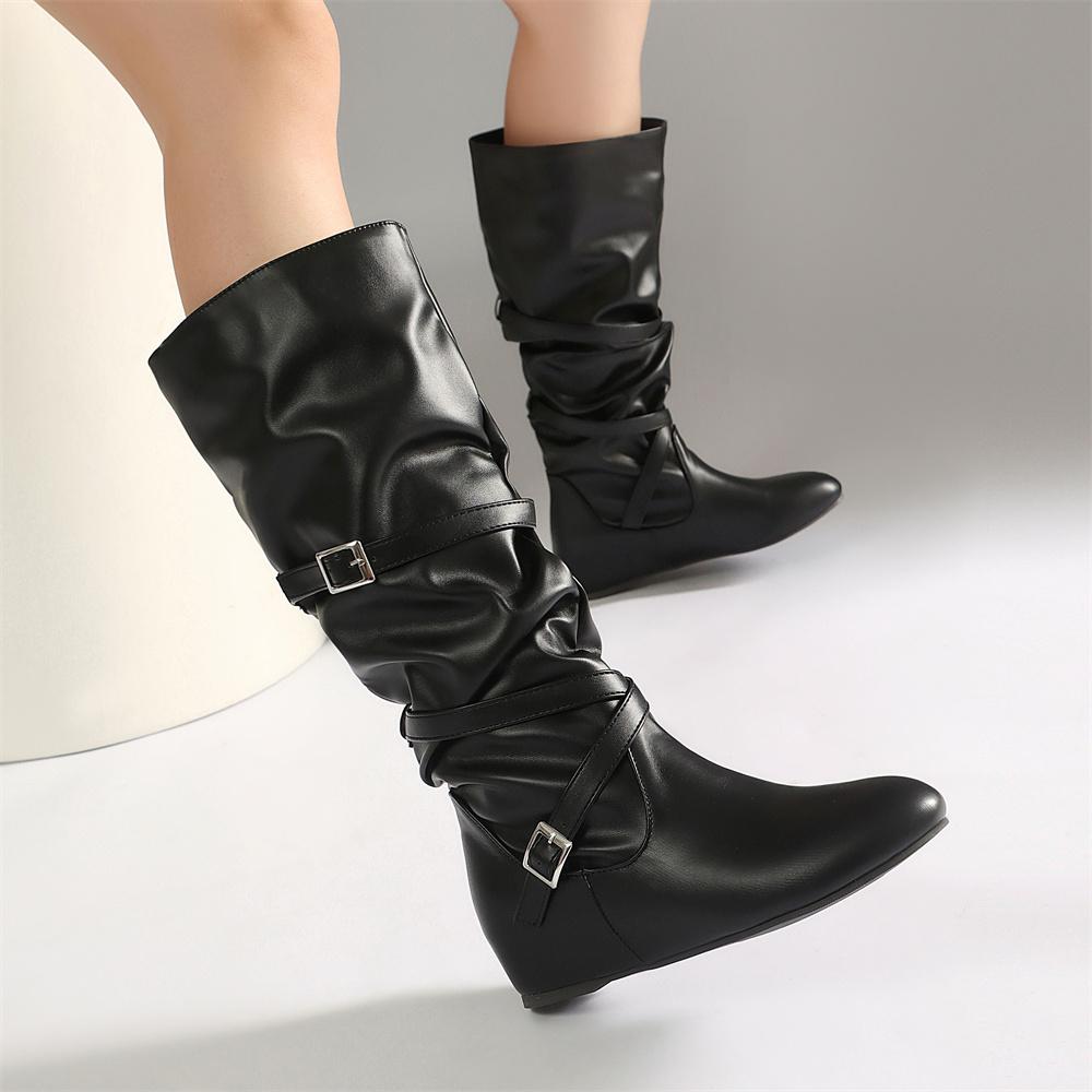 Large Size 48 Vintage Y2K Buckle Straps Fall Winter Knee‑High Boots Women Shoes Brown Hidden Wedge Heel Pleated Western Boots