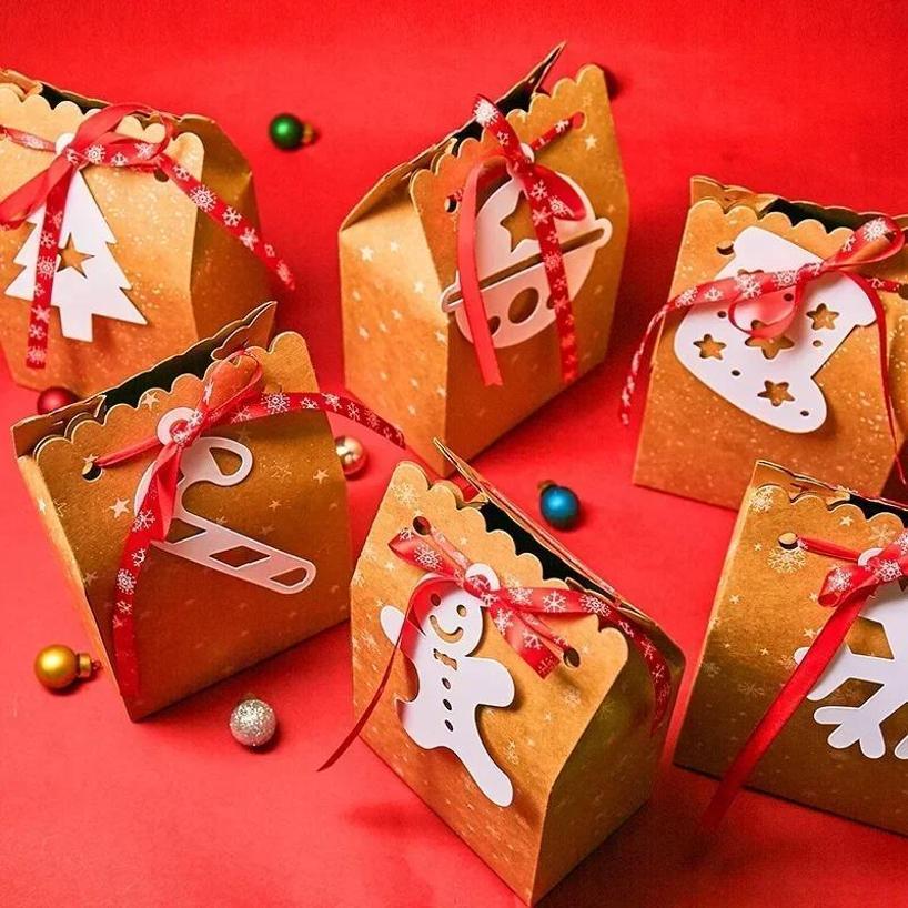 1 Pcs Kraft Paper Bag With Ribbon And Card Tag Packaging Gift Box Wrapping Christmas Party Supplies