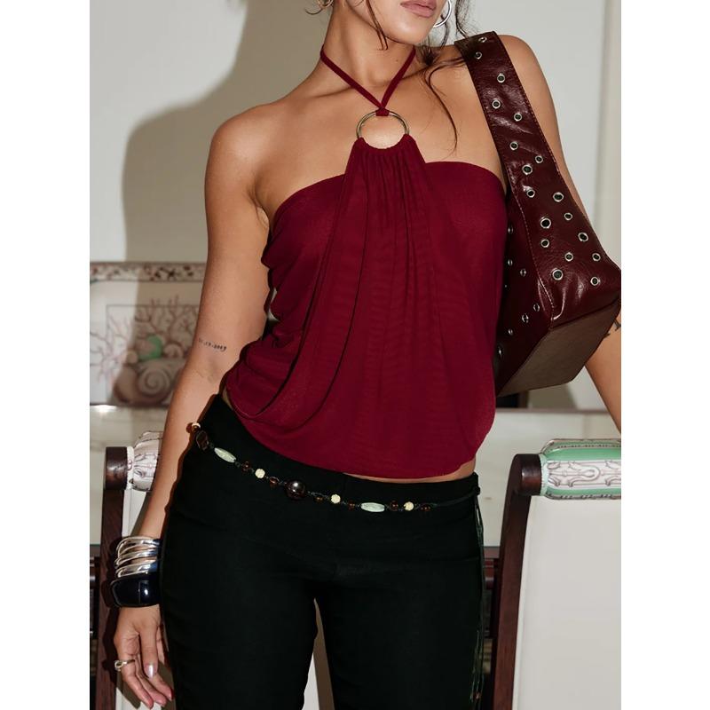 Damen Neckholder Mesh Uni Crop Cami Top
