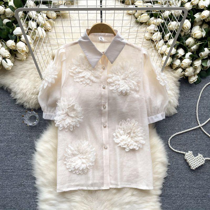 

Shirt Women s Summer Wear 2024 New Arrival French Minority Unique Chic Shirt Three-Dimensional Flower Puff Sleeves Easiest for Match Tops Apricot color L