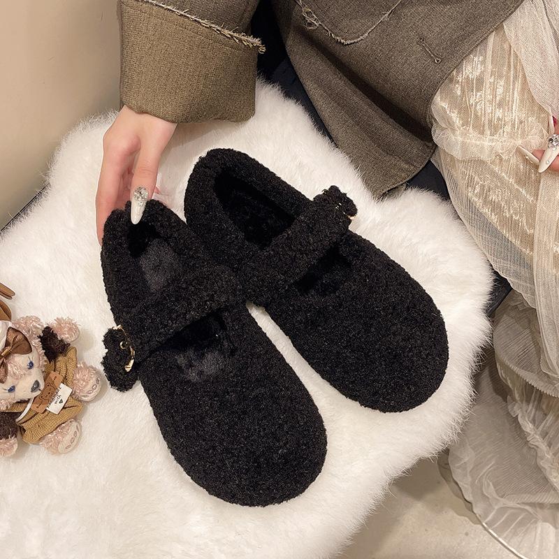 Warm cotton shoes autumn and winter new black flat-bottomed women's Doudou shoes one-word button Mao Mao shoes shallow mouth without Mary Jane
