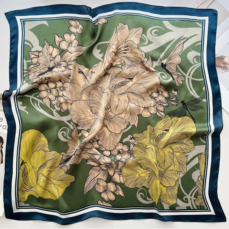 New Floral Print Silk Square Scarfs for Women Fashion Butterfly Neckerchief Female Neck Ties Lady Hairband Soft Satin Hijab