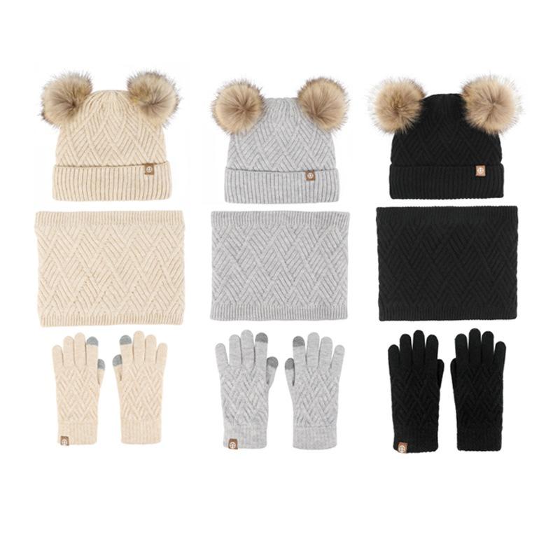 Children's double hairball knitted hat Girls' winter wool warm and fleece cold-proof hat scarf gloves three-piece set
