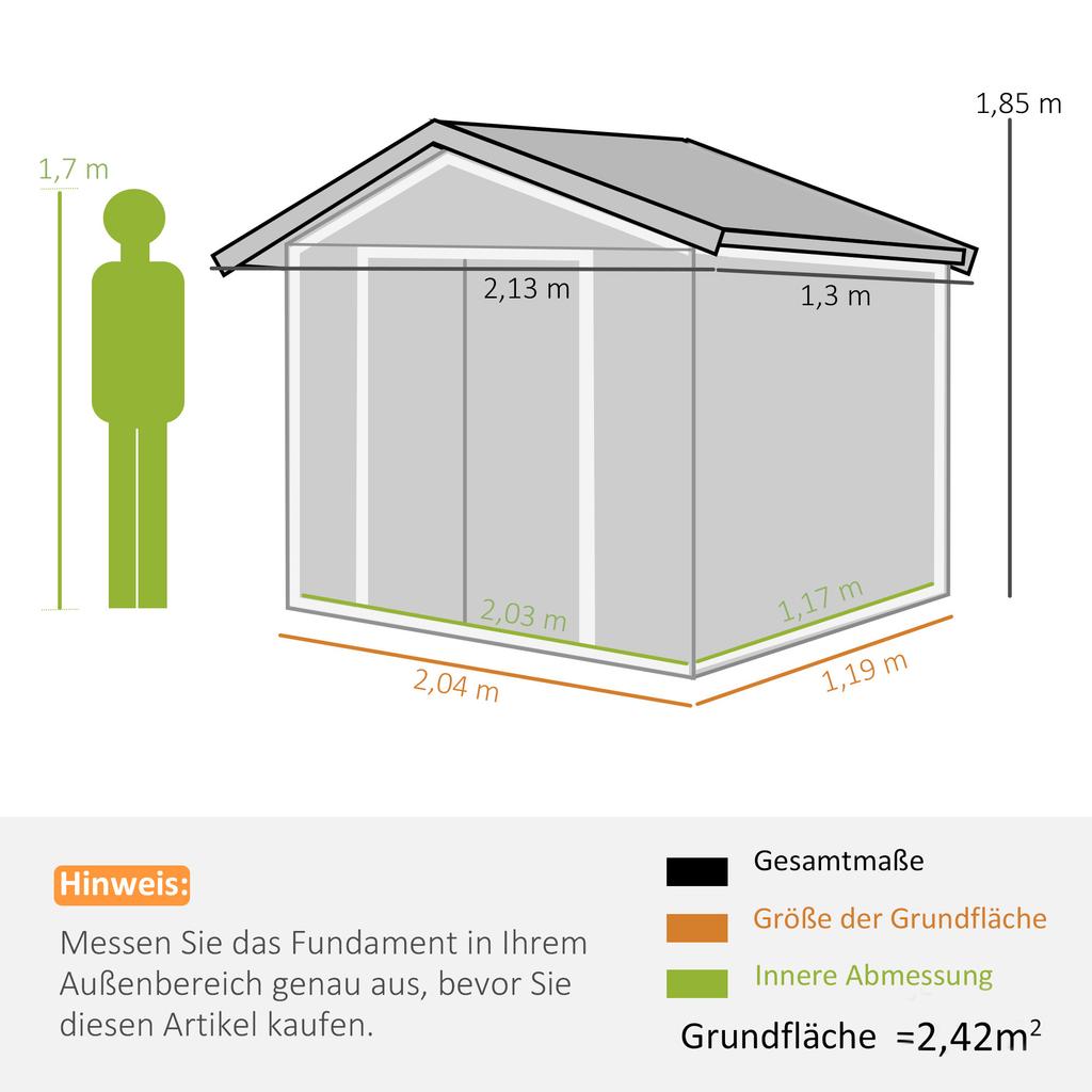 7ft x 4ft Lockable Polypropylene Garden Storage Shed Storage w/ Air Vents Steel Grey