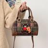 Artistic Retro Small Bear Embroidery Check Pattern Handbag For Outings Casual