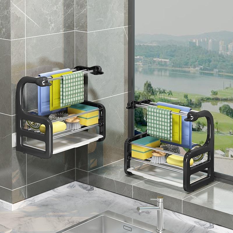 Kitchen Drain Rag Rack Wall-mounted Punch-free Countertop Rack To Dry Sponge Dish Cloth Rack Storage