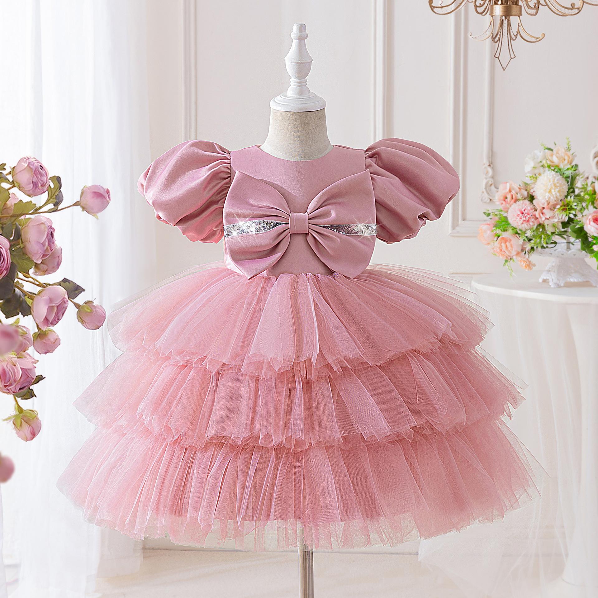 

Flower Girl Princess Dress For Weddings Summer Kid Formal Bow Long Gown For School Evening Party Children New Year Cloth AL6056 130 рожевий