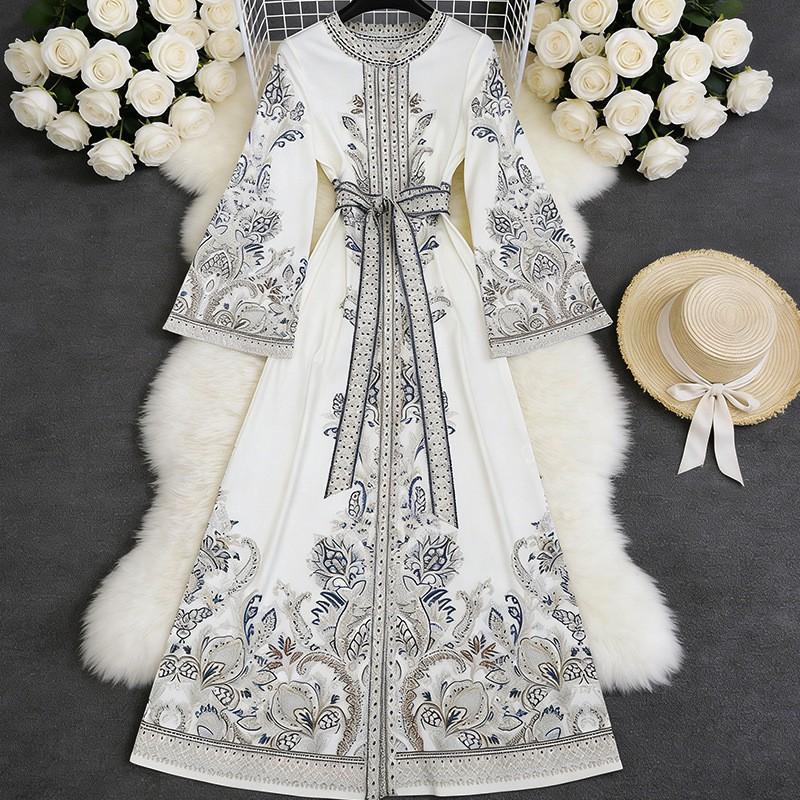 Bohemian Printed European American Mid-length Dress Women s XS белый