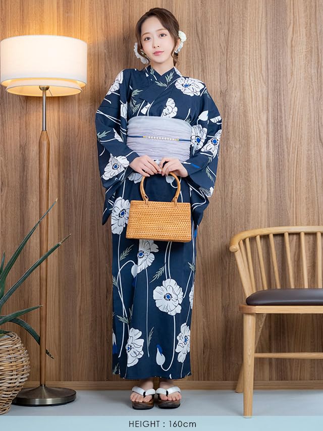 Tika Yukata Perfect for Summer Includes and Navy Blue with Poppy Set Women's Set, Festivals, Dress, Haori, Obi, Pattern, 3-Piece (tk-ykop24-t002)