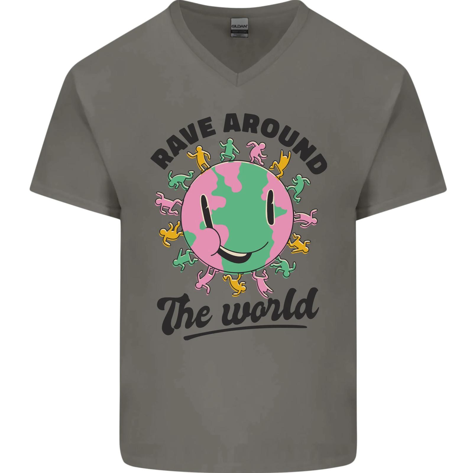 Rave Around the World Dance Music Acid Raver Mens VNeck Cotton T-shirt M