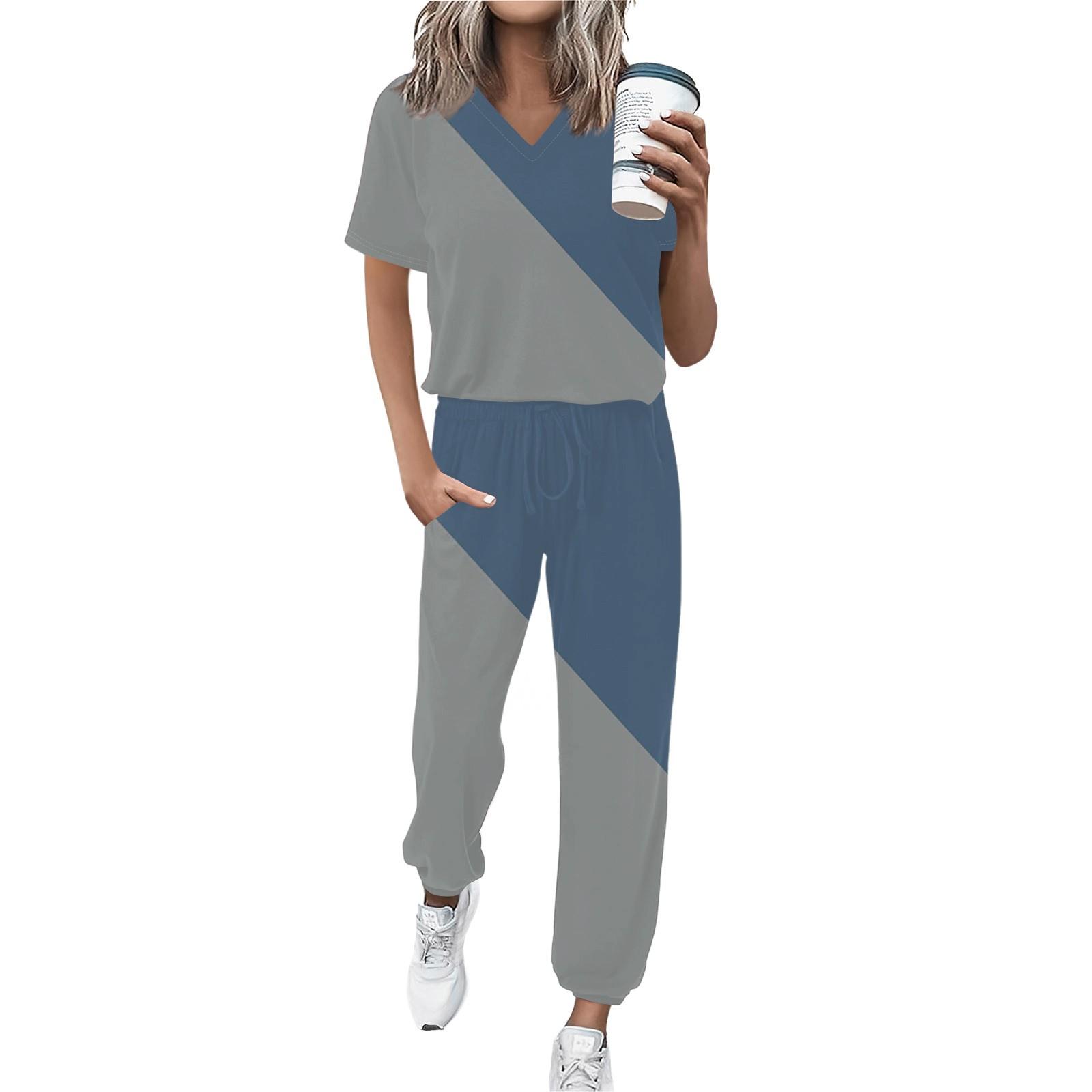 

Жіночий модний спортивний костюм з V-подібним вирізом і короткими рукавами з широкими брюками S