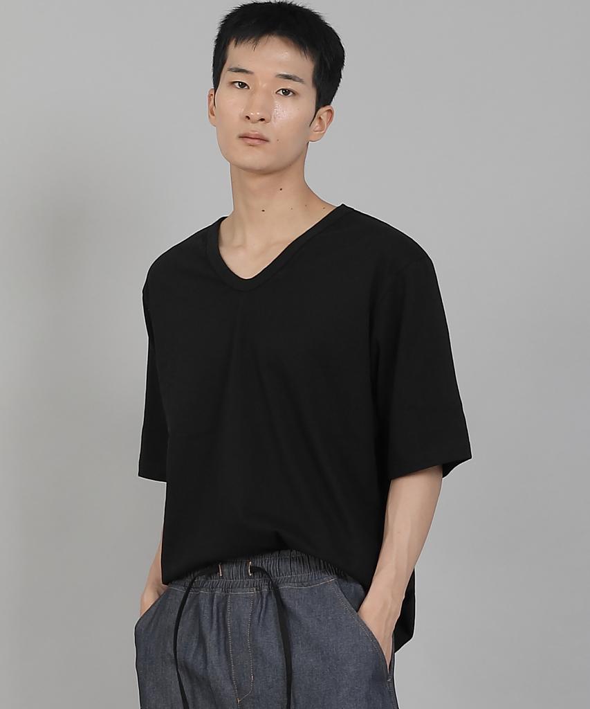 Seinteukeulu Plain V-Neck 16S Cotton Knee-Length Short Sleeve T-Shirt V-8A01 Black