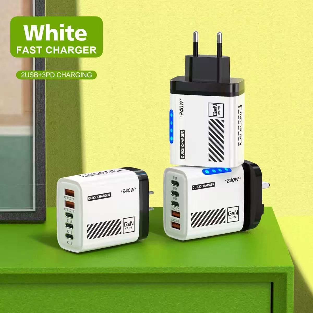

240W Multi-Port Charger with Lights, 3 USB-C PD + 2 USB, US/EU Plug, Compatible with Apple & Huawei Devices 240W Charger EU Plug