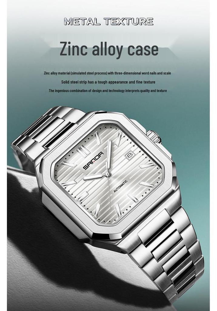 Sanda Herren Quadratische Mechanische Uhr, Schlichtes Design, Kalender, Wasserdicht, Massives Stahlarmband, Business-Stil