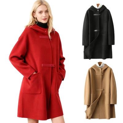 Women's Long Wool Coat with Hood Single Breasted Casual Wool Blend Trench