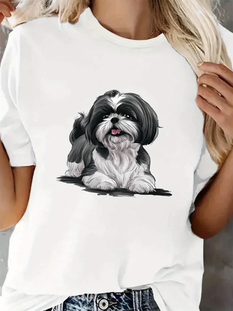 Women'S Casual Crew Neck T-Shirt with Shih Tzu Dog Print with Medium Stretch Knit Fabric Short Sleeve Tee for All Seasons