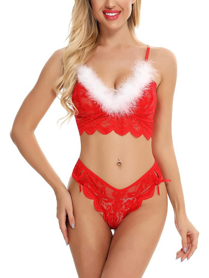 

Праздничное красное кружевное нижнее белье с отделкой из белого меха - Комбинация S красный