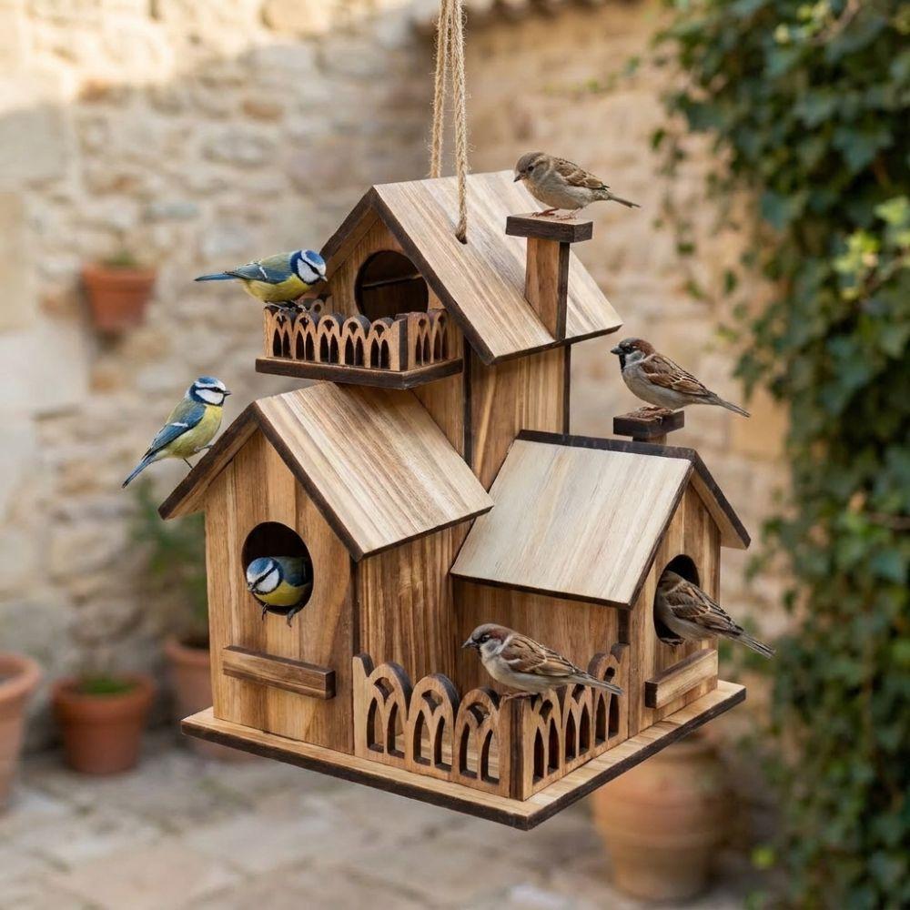Handmade Wooden Bird House Multiple Holes Bird Feeder Weather Resistant Outdoor Birdhouse Backyard