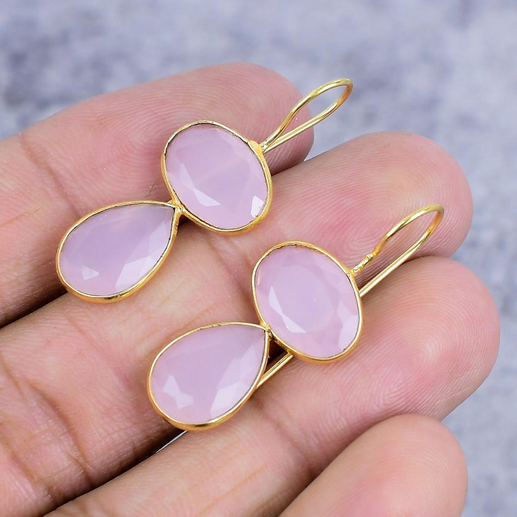 Pink Chalcedony Gemstone Handmade 925 Sterling Silver Jewelry Earring 1.46" M-2637