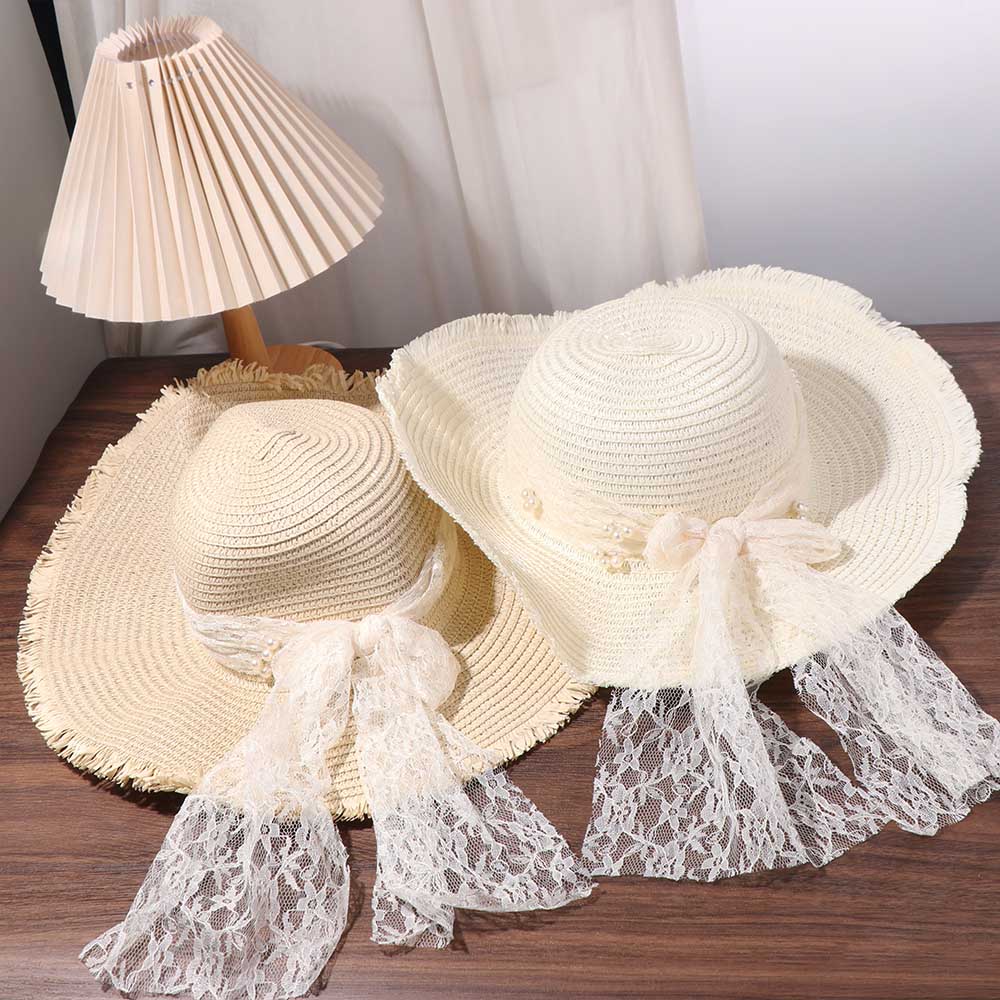 Spring Summer Bow Ribbon Straw Hat Big Brim Women's Sun Hat Fashion Lace Pearls Straw Hat  Travel