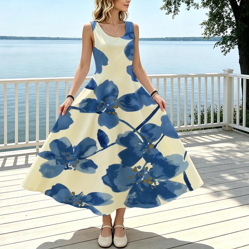 Women's U-Neck Sleeveless Blue White Fresh Print Flowy Long Dress Summer Beach Vacation Casual Outing,Loose Fit Flared Hem