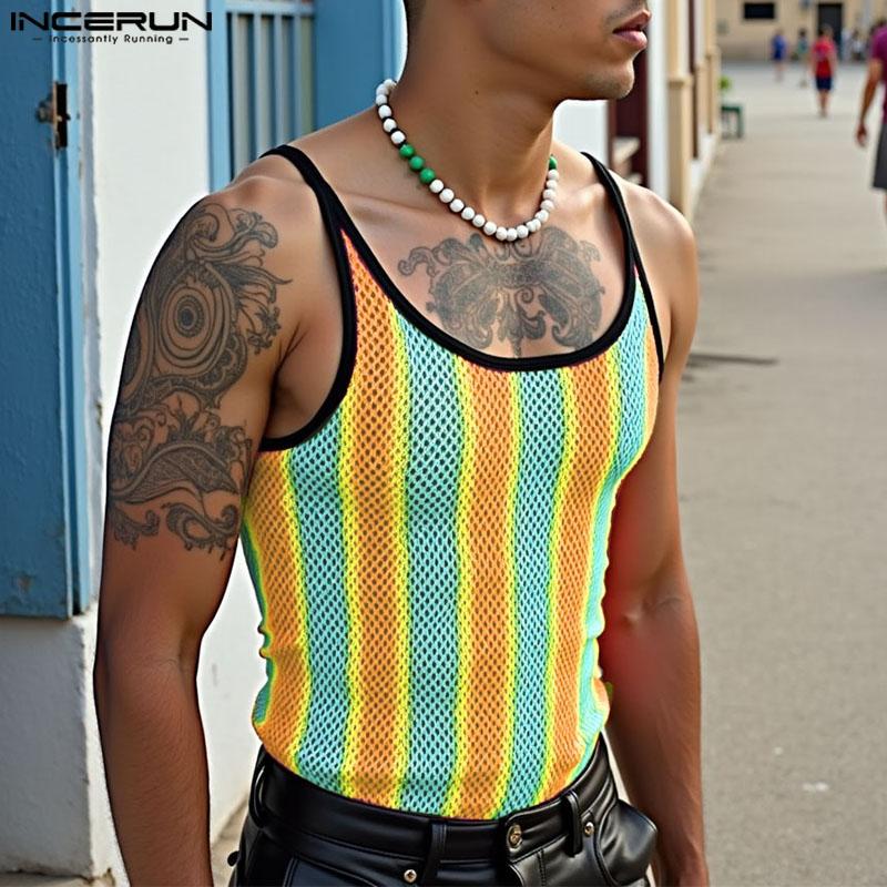 INCERUN Summer Men U Neck Sleeveless Striped Hollow Stitching Tank Tops