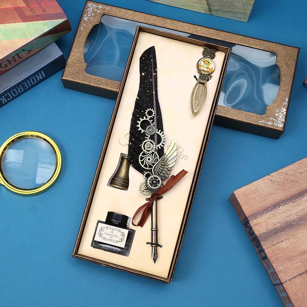 Vintage Feather Pen Mechanical Gear Feather Pen Steam Dip Pen Gift Box Teachers' Day Student Gifts