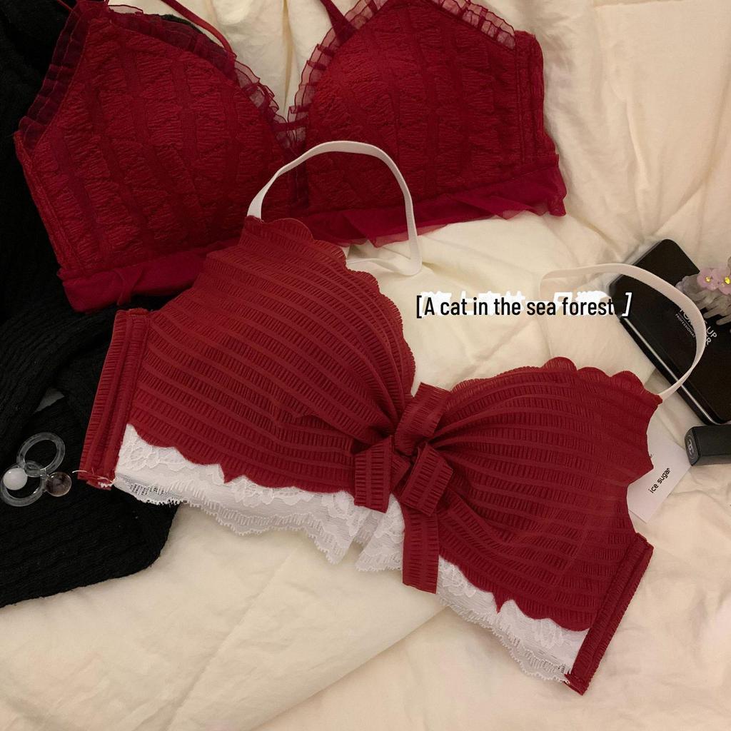 Women's Red Rabbit Year Lucky Sexy Wireless Bridal Bra Set - Gathered Bust