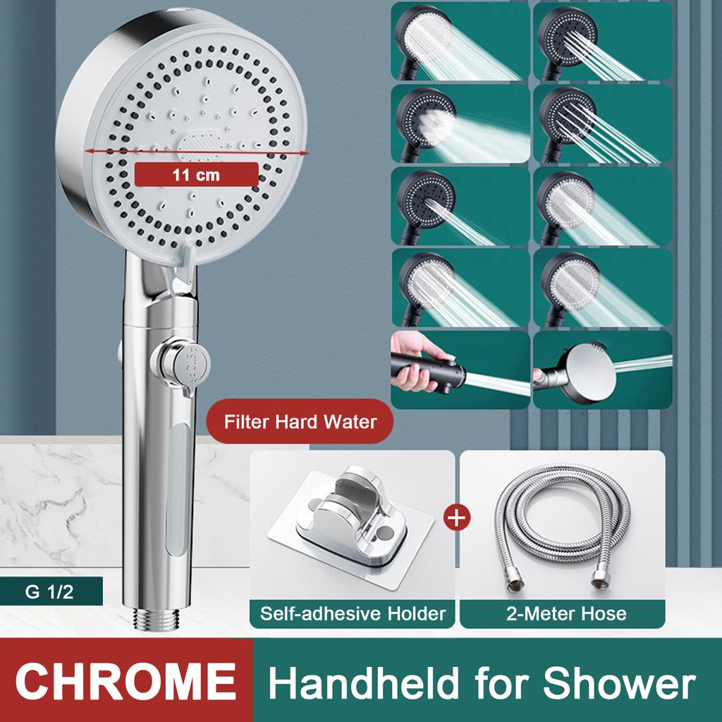 High Pressure Shower Head 5 Modes Handheld Adjustable Showerhead with Hose Water Saving One-Key Stop Spray Nozzle