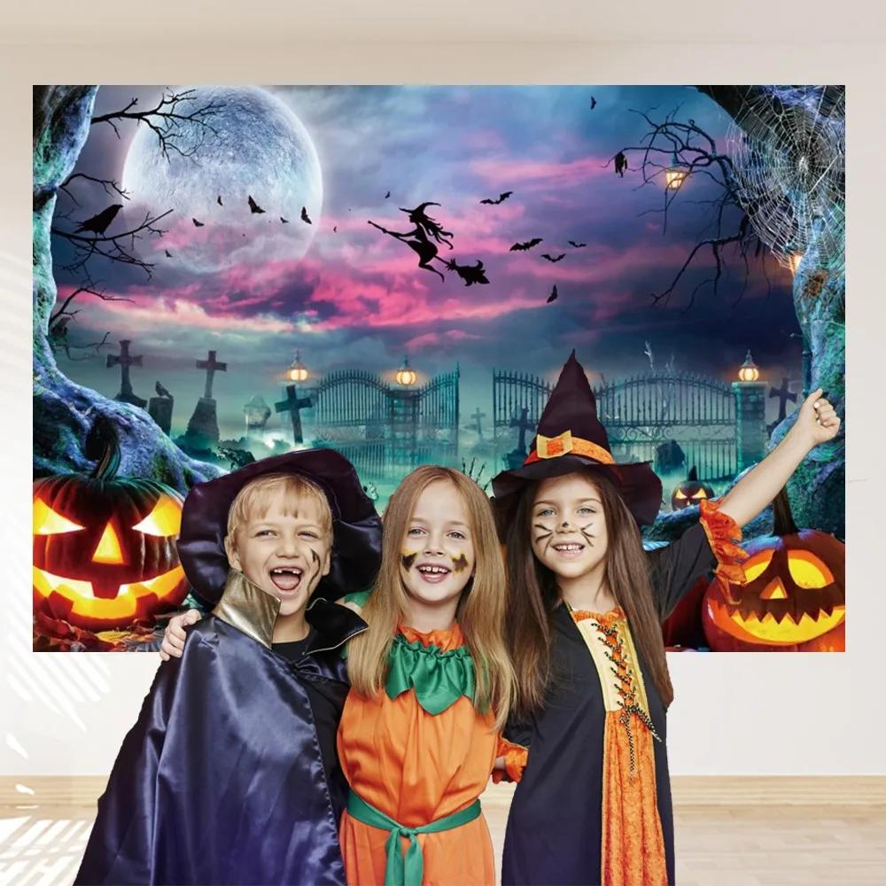 Halloween Party Backdrop Horror Night Moon Scary Graveyard Castle Pumpkin Witch Decor Banner Portrait Photography Background